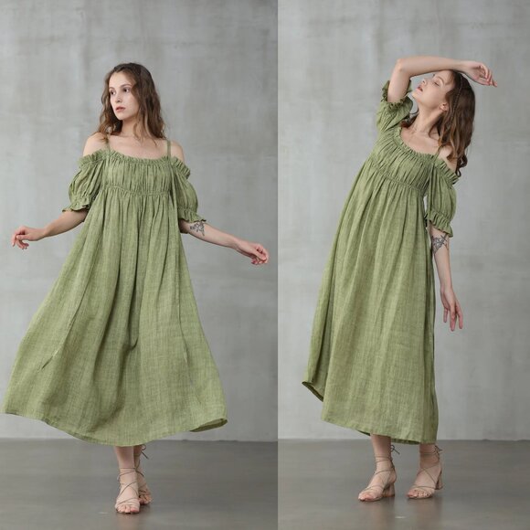 Linennaive La Luna 11 Off Shoulder Linen Dress Olive Large - Picture 1 of 4